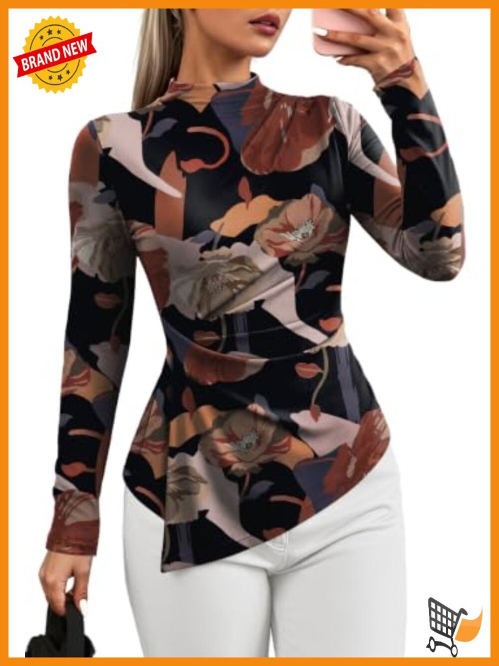 Women's Long Sleeve Mock Neck Peplum Blouse Floral Business Casual